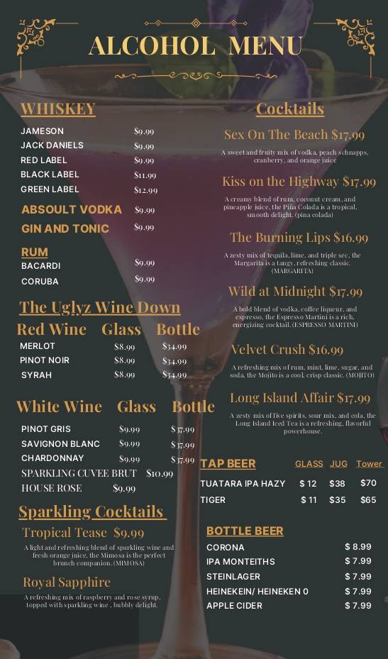 UGLYZ Drinks menu popup